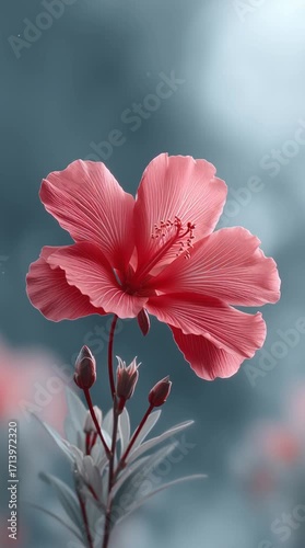 A vibrant hibiscus flower unfurls its petals in full bloom, displaying its intricate beauty and vibrant colors against a soft, dreamy background.