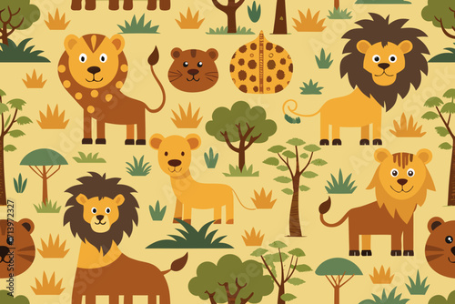 Whimsical jungle animal pattern featuring cute lions and trees, perfect for children's decor, wallpaper, and playful designs, adding a touch of wild charm