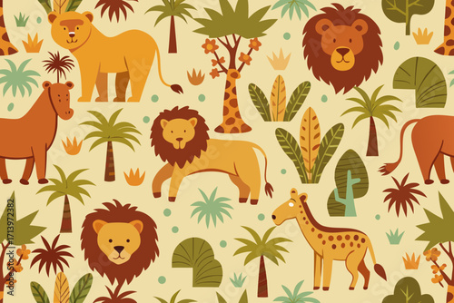 Playful jungle safari pattern with lions, giraffes, palm trees, and tropical foliage, perfect for children's decor, textiles, and playful designs with a whimsical vibe