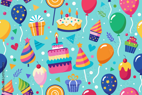 Festive birthday party pattern with balloons, cakes, gift boxes and party hats creating a fun celebration atmosphere, perfect for invitations and backgrounds