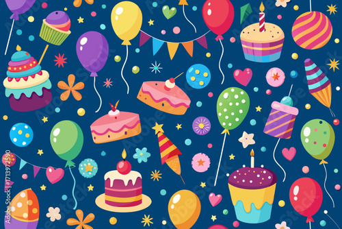 Celebrate with festive balloons, cakes, and sweets illustration, perfect for birthday parties, greeting cards, vibrant invitations, and delightful celebration designs