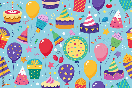 Colorful celebration seamless pattern featuring party hats, balloons, and gifts for festive birthdays and joyful occasions, originally designed as scalable vector art
