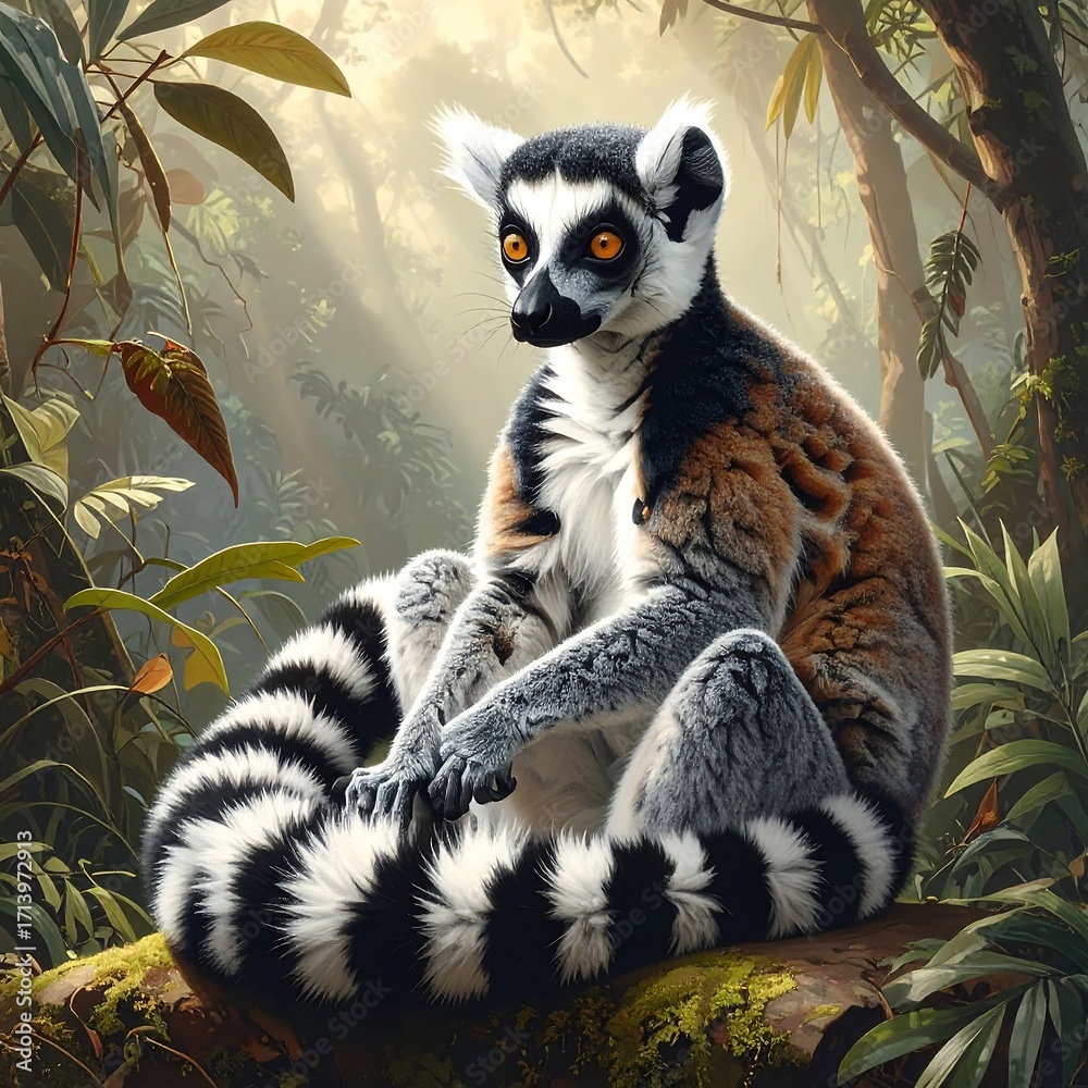 Obraz premium A ring-tailed lemur sits serenely in a lush, sun-drenched tropical forest, its striking black and white striped tail elegantly positioned.