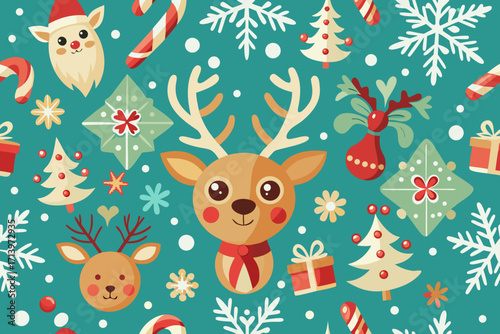 Festive Christmas Pattern with Adorable Reindeer, Snowflakes, Presents, and Candy Canes - Perfect for Holiday Backgrounds and Winter Designs