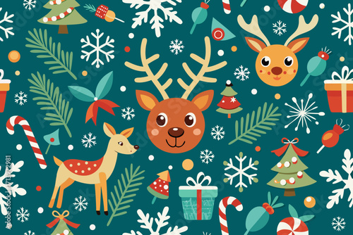 Celebrate the magic of Christmas with this delightful holiday reindeer pattern, featuring festive trees, gifts, candy canes, and snowflakes for joyful designs
