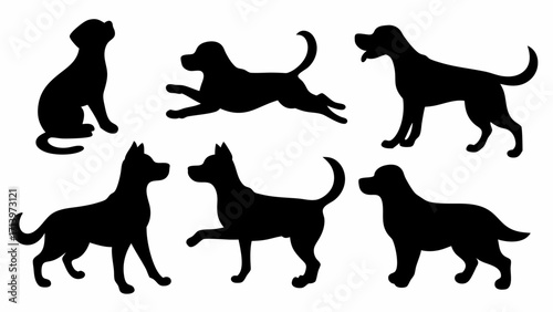 Silhouette vector of six dogs in various poses including sitting running standing and looking around design