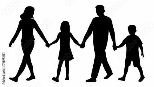 Silhouette of a family walking together holding hands with parents and two children in black and white image
