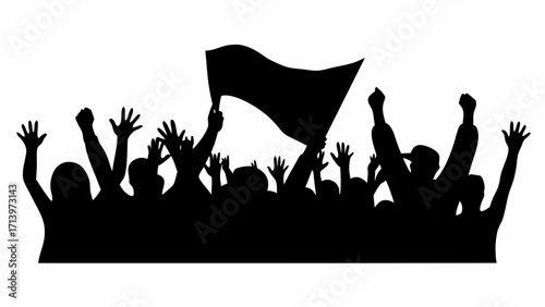 Silhouette of a crowd of people with raised hands and a flag in a dark color against white background