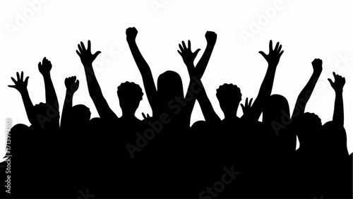 Crowd silhouette with raised hands showing support and cheering in a dark and monochrome illustration