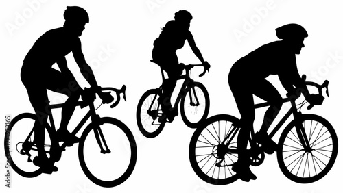 Three cyclists in silhouette riding road bikes with drop handlebars and wearing helmets on a white background