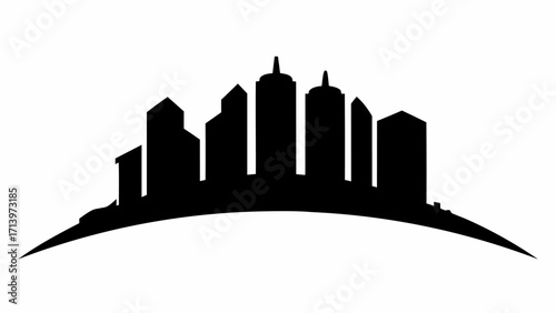 Silhouette of a city skyline with various buildings and structures against a white background in a simple design