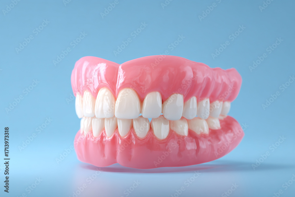 Fototapeta premium Pink denture with white teeth on a light blue background