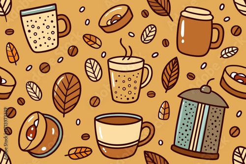 Delightful coffee themed pattern with mugs, beans, and autumnal leaves, perfect for cozy designs or cafe promotions creating a warm and inviting atmosphere