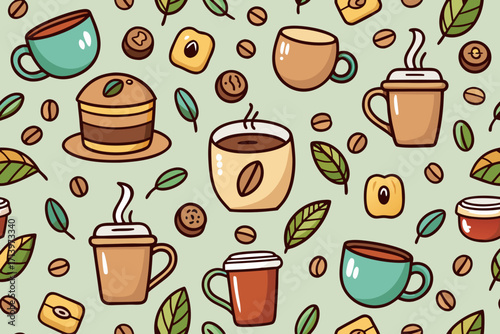 Whimsical coffee break pattern with fresh coffee, sweet pastries, and aromatic coffee beans - perfect for menus, cafe decor, or blog backgrounds