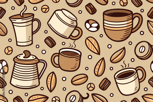 Inviting coffee pattern showcasing mugs, beans, and a warm, comforting cafe vibe; perfect for backgrounds, textiles, and menus with a delightful aromatic touch
