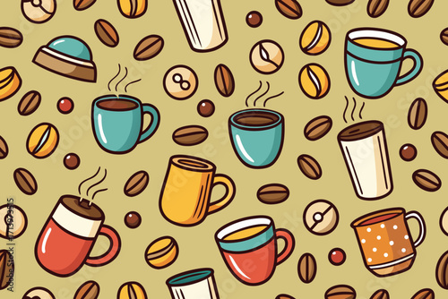 Delightful coffee pattern featuring stylized mugs, beans, and circles, perfect for cafe branding, menu design, or a cozy, warm aesthetic, scalable graphic
