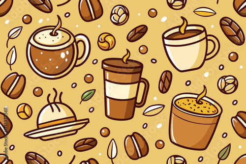 Adorable coffee themed pattern design featuring coffee cups and coffee beans, perfect for backgrounds, textiles, and branding projects about coffee shops