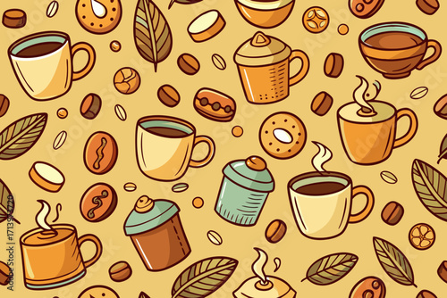 Invigorating coffee break pattern design featuring steaming cups, delicious donuts, and rich coffee beans for a cozy cafe or breakfast menu aesthetic