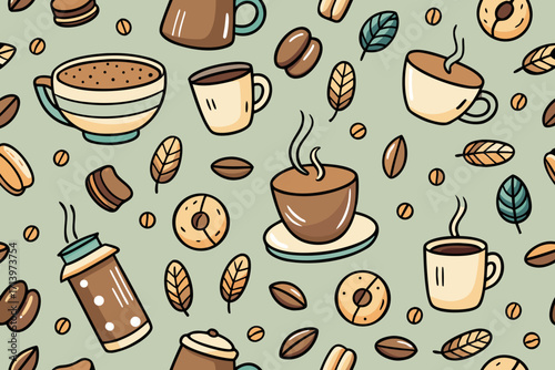 Delightful coffee themed pattern, ideal for cafe branding, packaging design, and adding a cozy touch to any project with a warm, inviting feel