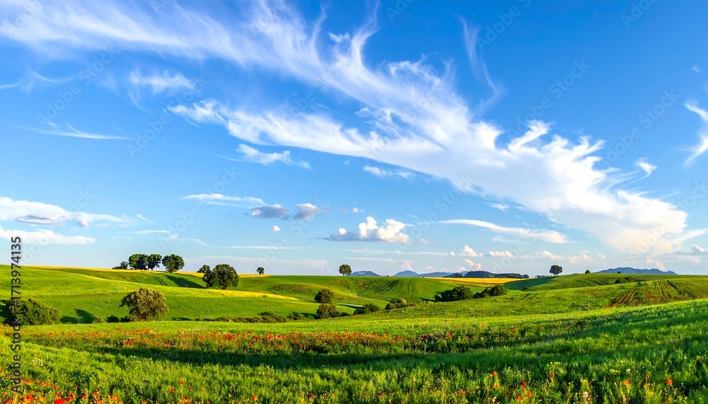 Fototapeta premium A vast, verdant field stretches beneath a vibrant blue sky, dotted with fluffy white clouds, creating a serene and peaceful scene.