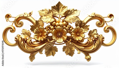 3D render of an elegant golden baroque ornament with grapevine elements, luxury vintage decorative flourish isolated on white background