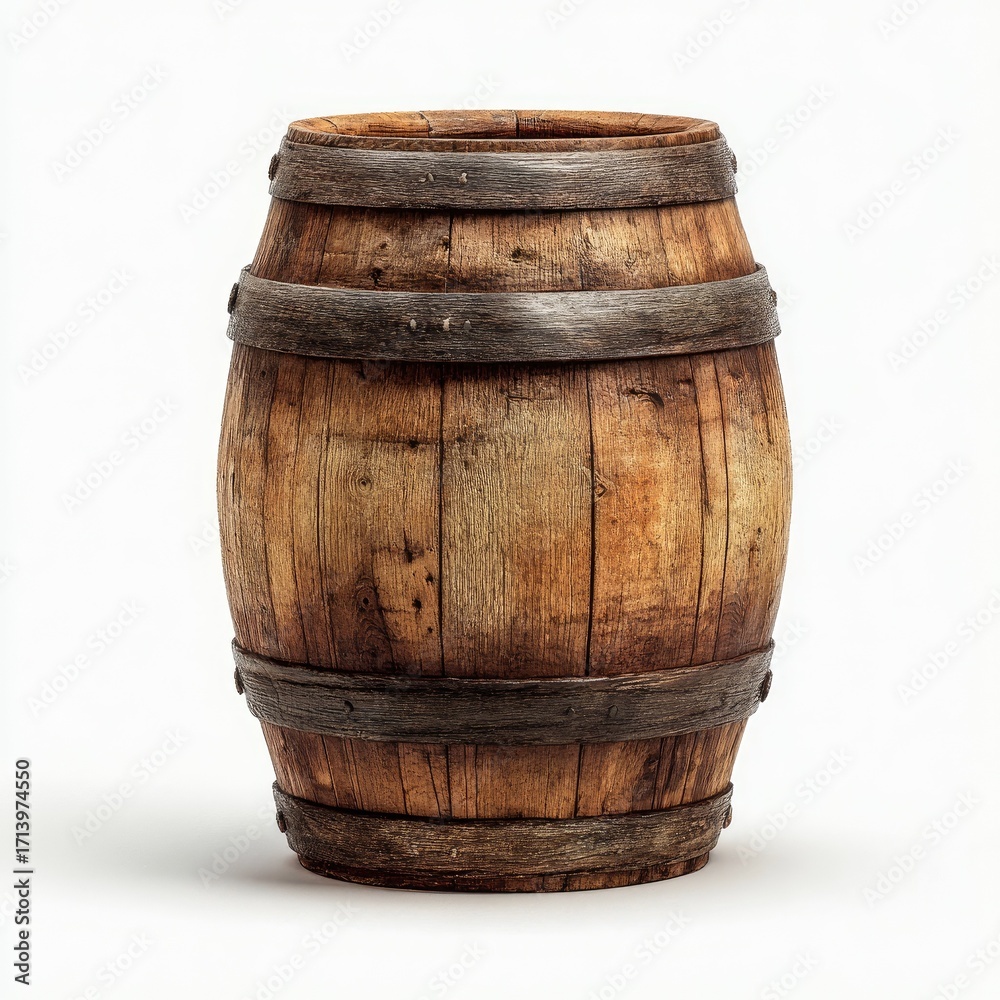 Obraz premium Wooden barrel, weathered and aged, with dark metal bands