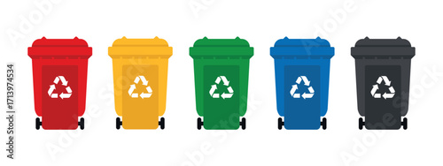 Set of garbage bins. Colorful trash cans with a recycling icon. Waste sorting containers. Vector illustration design. Red, yellow, green, blue and black or grey.
