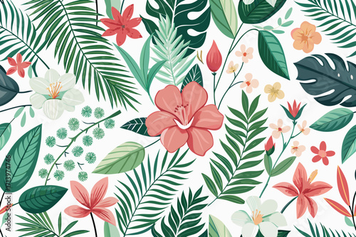 Vibrant tropical floral pattern for summer designs, elegant botanical elements and lush foliage create a fresh, modern feel ideal for wallpaper and textiles