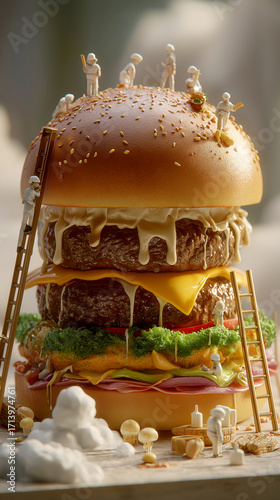 a massive hamburger with an abundance of cheese and lettuce, several miniature people scaling the ladder to reach it, photo-realistic techniques, sculptural texture, oshare kei (a japanese fashion sty