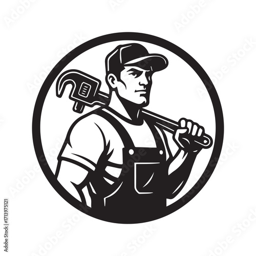 Plumber holding a pipe wrench icon. Mascot logo for plumbing service or handyman repairman. Black and white vector illustration.

