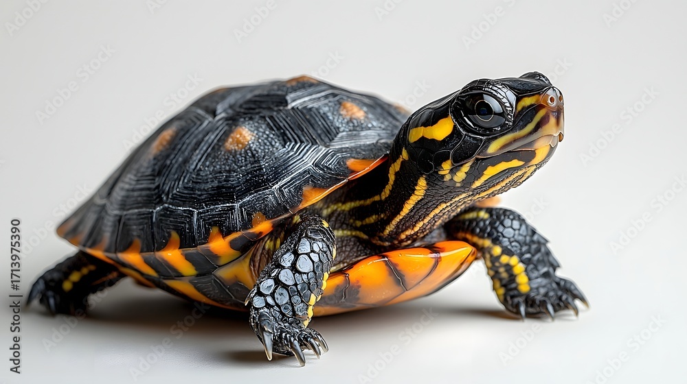 Fototapeta premium A small turtle with vibrant yellow and orange striped skin and a patterned shell isolated on a light background
