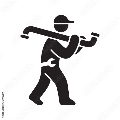 Plumber icon of a worker carrying a large pipe. Handyman or pipefitter silhouette with wrench symbol, logo for plumbing service.
