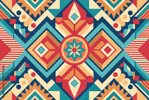 Stylish geometric pattern perfect for backgrounds, textile design, or modern art prints with vibrant shapes and balanced symmetry in eye-catching colors