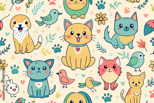 Whimsical animal pattern with cute dogs, cats, birds and paw prints, perfect for children's designs, playful projects, and cheerful backgrounds