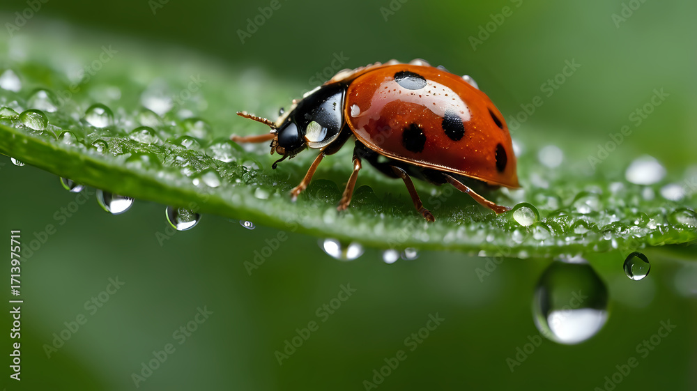 Obraz premium Macro shot of a ladybug on a green leaf with dew drops