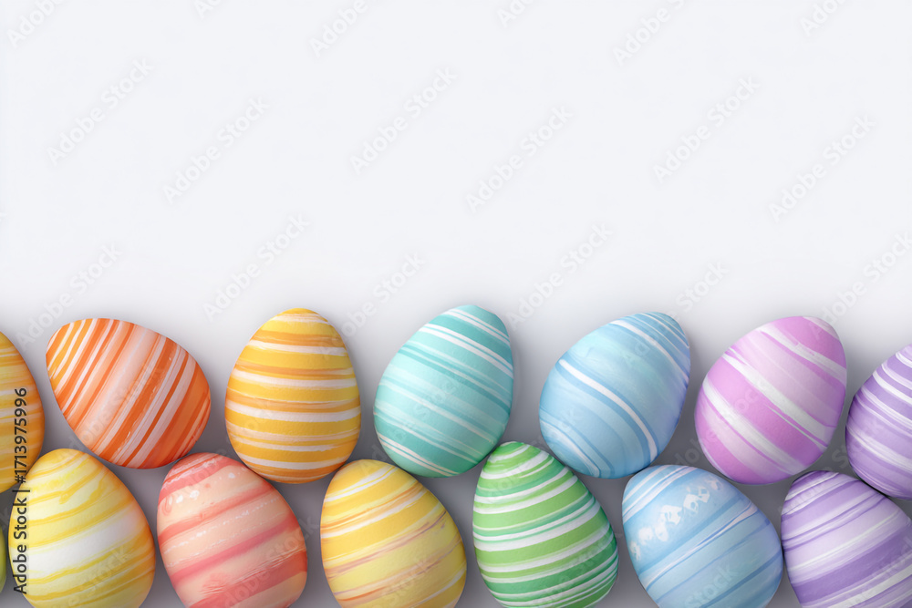 Fototapeta premium Colorful striped Easter eggs border white background