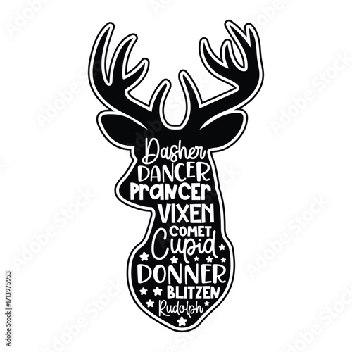 All Santa's Reindeer Names in a Reindeer Head Silhouette

