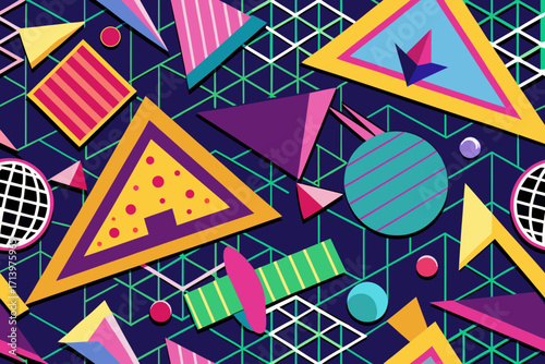 Vibrant geometric shapes bursting with retro energy, perfect for dynamic graphic design and eye-catching backgrounds with a bold 80s vibe, a pop art sensation