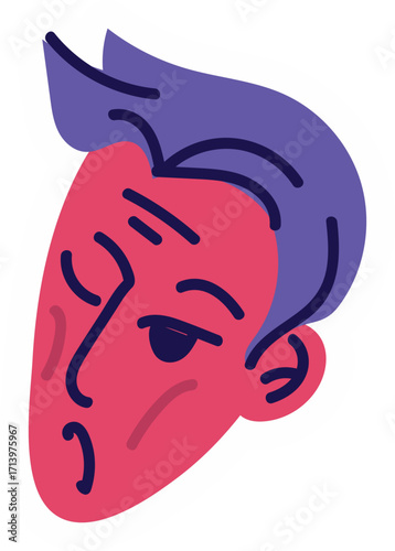 Stylized Illustration of a Mans Face with Purple Hair and Skeptical Expression.