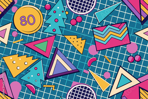 Vibrant and playful 80s retro pattern design, perfect for adding a nostalgic touch to your projects, featuring bold shapes and geometric elements for a fun, vintage vibe