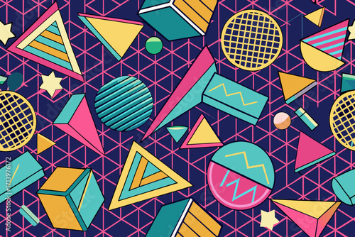 Vibrant 80s retro geometric shapes create a fun and playful background for modern designs, great for posters, invitations, and digital graphics with a vintage feel