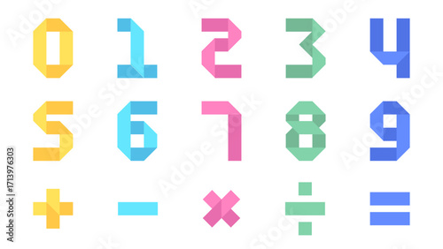 Vibrant Multicolor Folded Paper Number Font with Mathematical Symbols in Origami Inspired Style