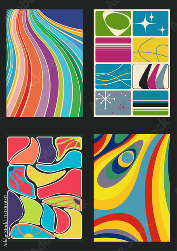 1960s Pattern Set, Colorful Fluid and Mosaic 60s Backgrounds, Vintage Color Combinations Fabric Decors