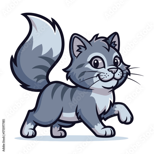 Playful kitten in vibrant cartoon: A cheerful illustration of a fluffy kitten with striking grey stripes and curious eyes, poised to explore, radiating energy and charm. 