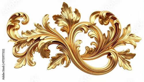 3D render of elegant golden baroque floral ornament with acanthus leaves, swirl and scroll carving, luxury vintage decorative flourish isolated on white background