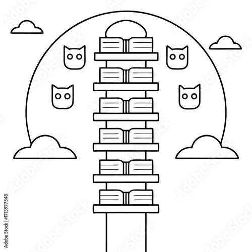 Tall bookshelf with owls and clouds circular frame