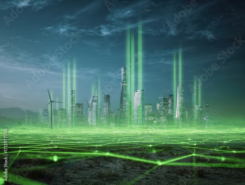 A futuristic cityscape with glowing green lines and skyscrapers under a moody sky, blending technology and nature seamlessly.