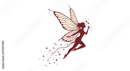 Delicate fairy silhouette with intricate wings taking flight among sparkling stars