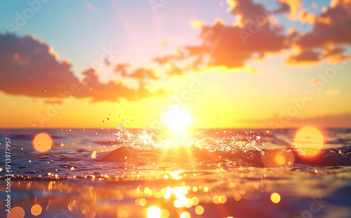 夕焼けに染まる海と水面に輝く幻想的な光の粒が美しい風景