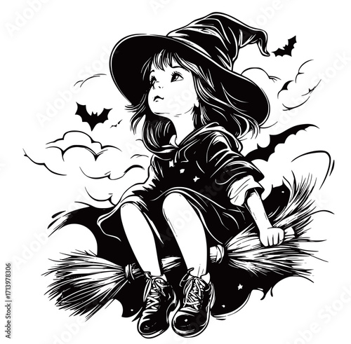 Little Witch Character Illustration – Black and White Halloween Artwork